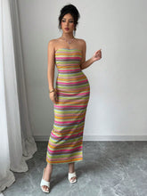 Elenzga Women's Casual Vacation Colorful Striped Bandeau Sleeveless Maxi Dress, Suitable For Summer